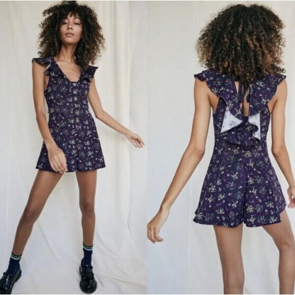 Free People Shorts Romper Womens M Violet Visions Corduroy Floral Ruffle New - Picture 1 of 12